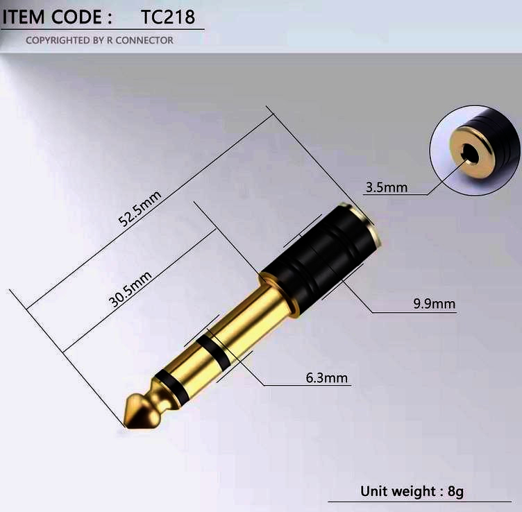 Адаптер I-Taki мини Jack 3.5мм на Jack 6.3мм, стерео, чорний, TC218-Black, 24k позолота