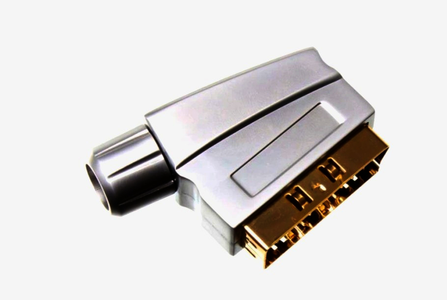 Угловой разъем SCART 90° под пайку, 21 контакт, позолота, сатиновый никель, 72 г, First Cable