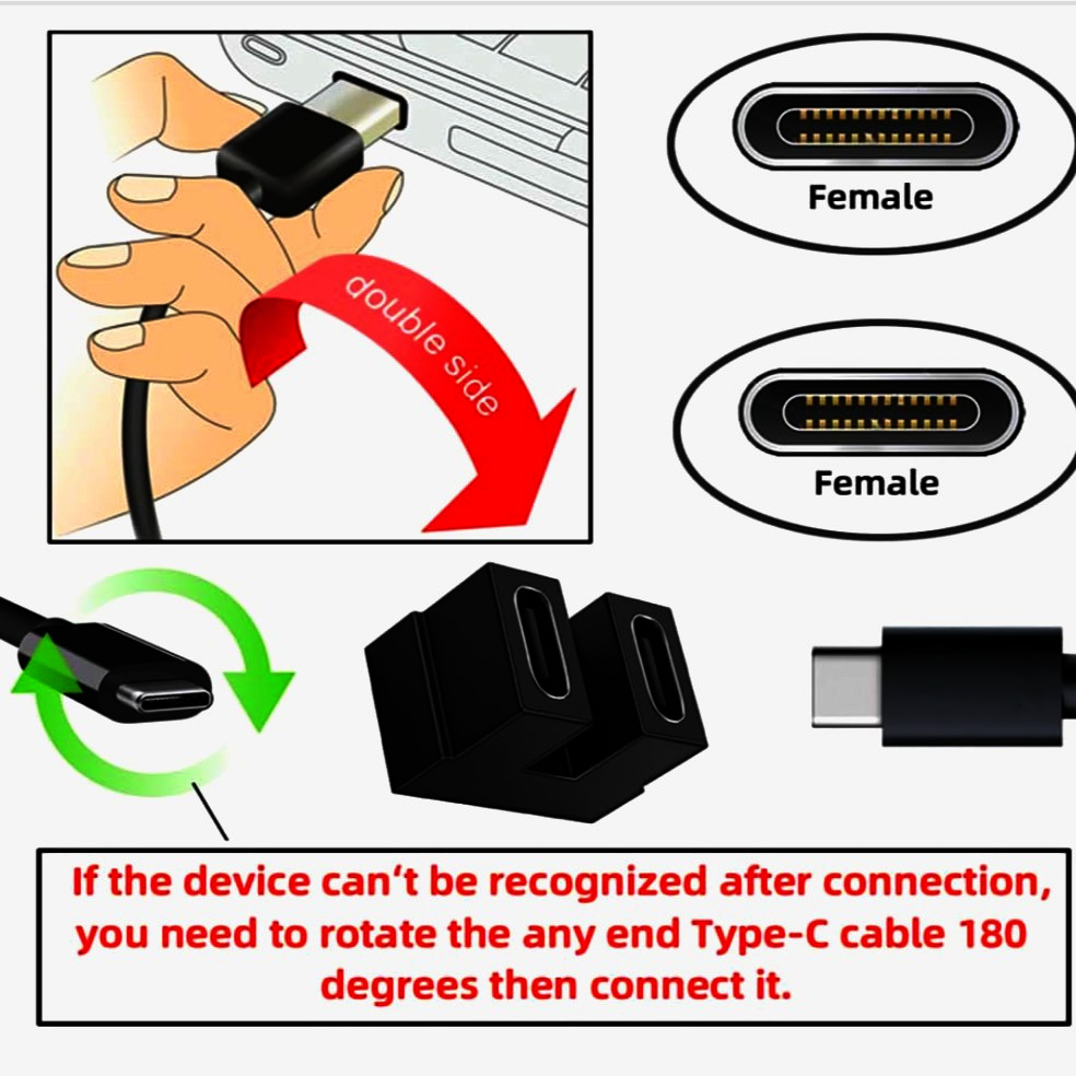 Адаптер I-Taki USB-C 4.0 U-образный, проходной, черный, гнездо-гнездо для зарядки и передачи данных