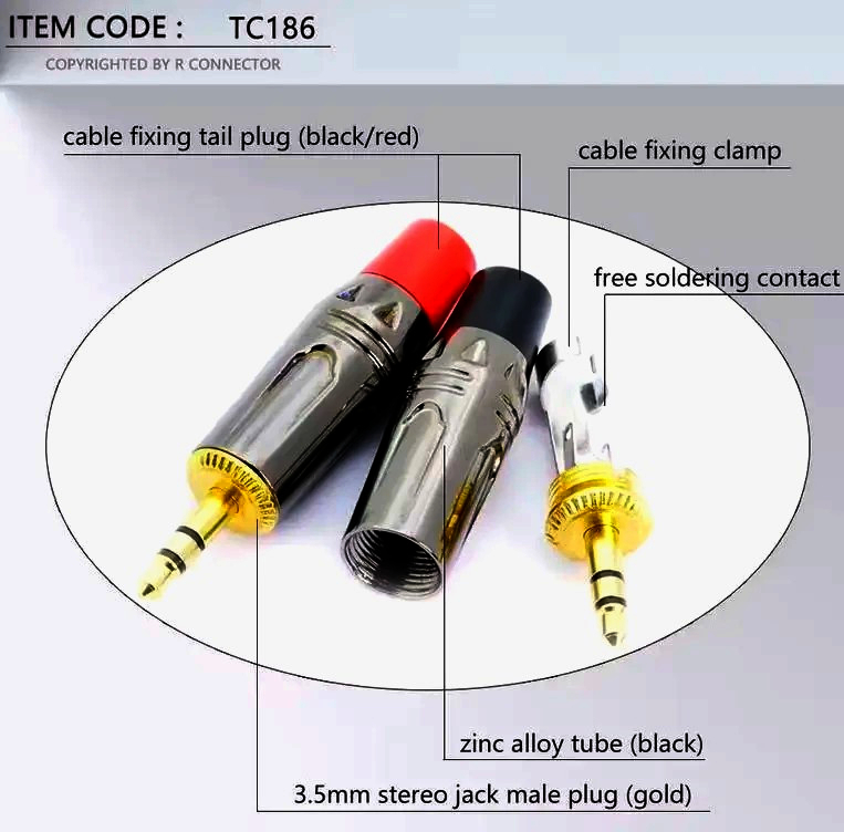 Аудіо-штекер Jack 3.5 мм I-Taki TC186-R, никель, червона маркування, довжина 1 м