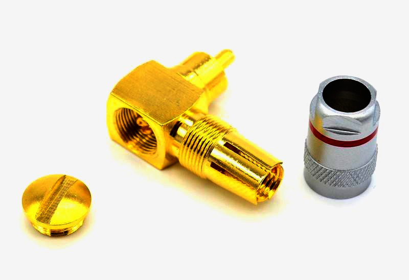 Кутовий RCA роз'єм з цанговим затиском для кабелю до 8 мм, алюмінієвий, позолота 24К