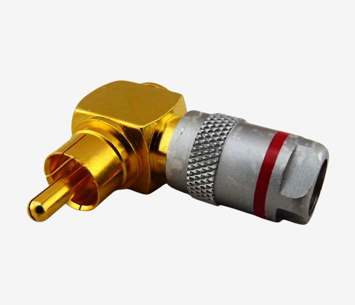 Кутовий RCA роз'єм з цанговим затиском для кабелю до 8 мм, алюмінієвий, позолота 24К