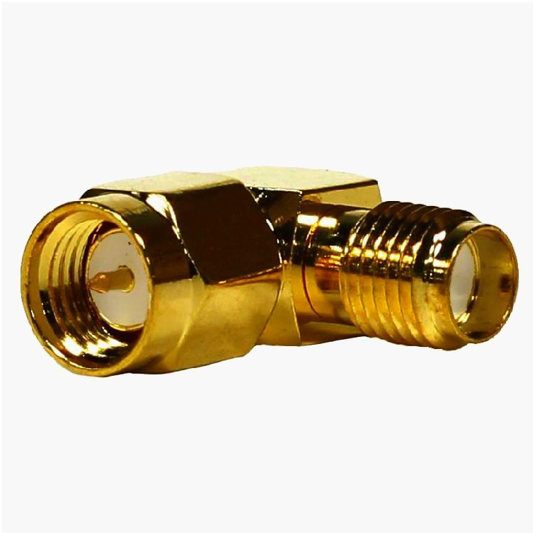 Адаптер SMA кутовий 90°, штекер-гніздо 50 Ом, гальванічне золото, компактний