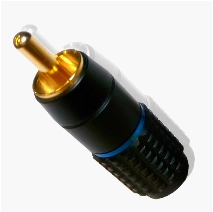 Штекер RCA Avvicon 5 мм, позолочені контакти, алюмінієвий корпус, чорний з синьою вставкою для аудіо/відео