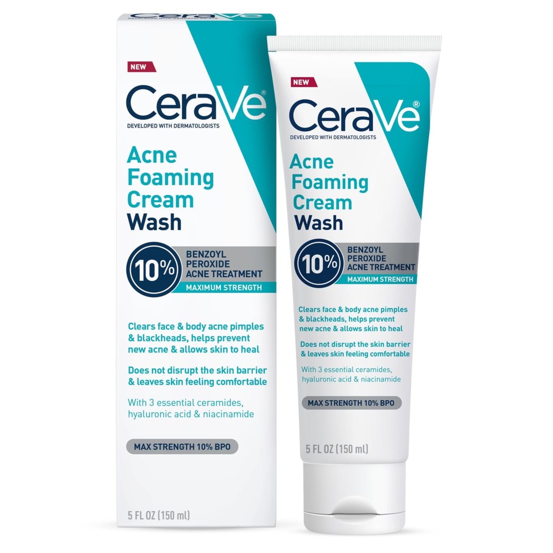 CeraVe Acne Foaming Cream Cleanser – 10% Benzoyl Peroxide Acne Treatment