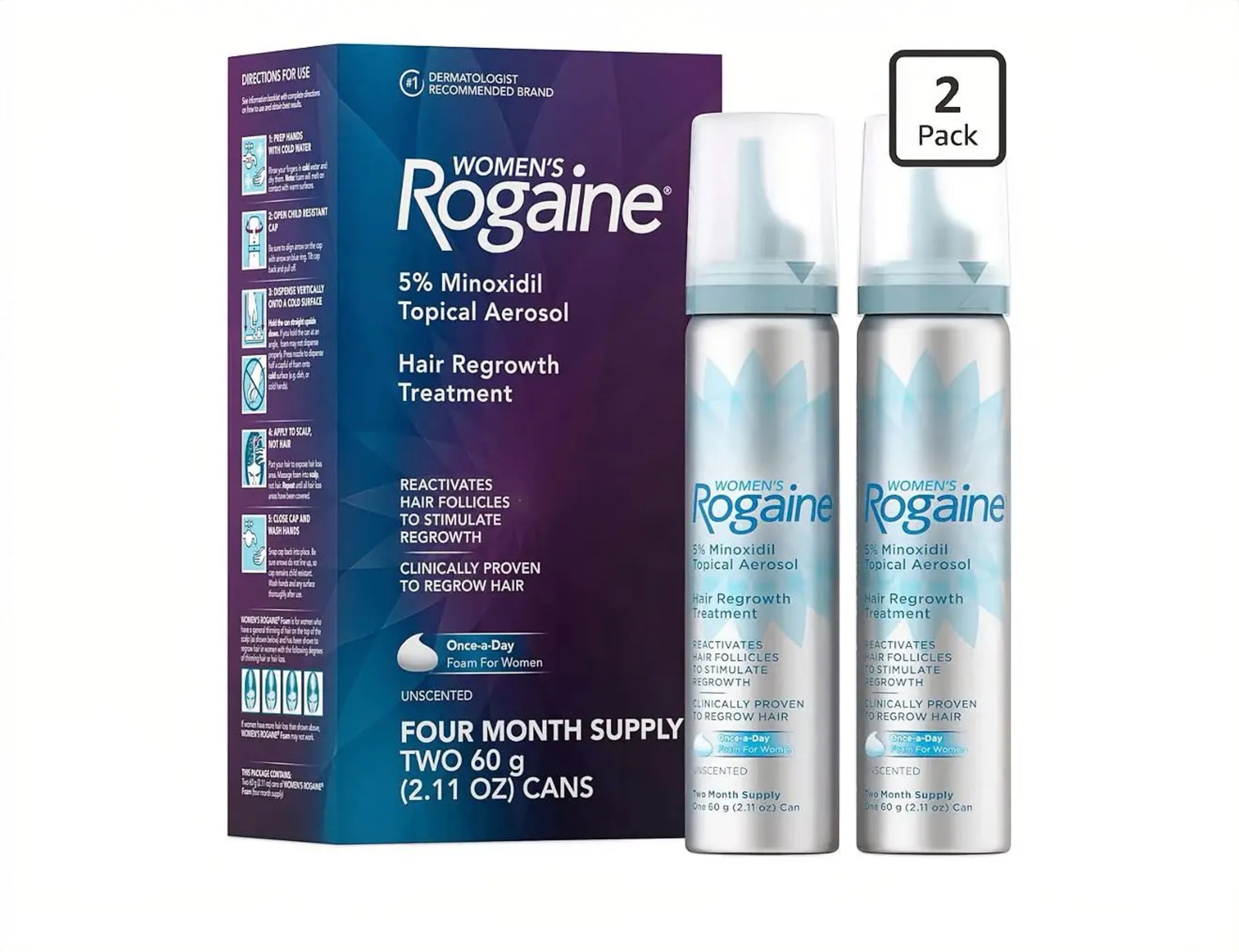Rogaine Women’s 5% Minoxidil Topical Aerosol – 2 × 60g (4-Month Supply)