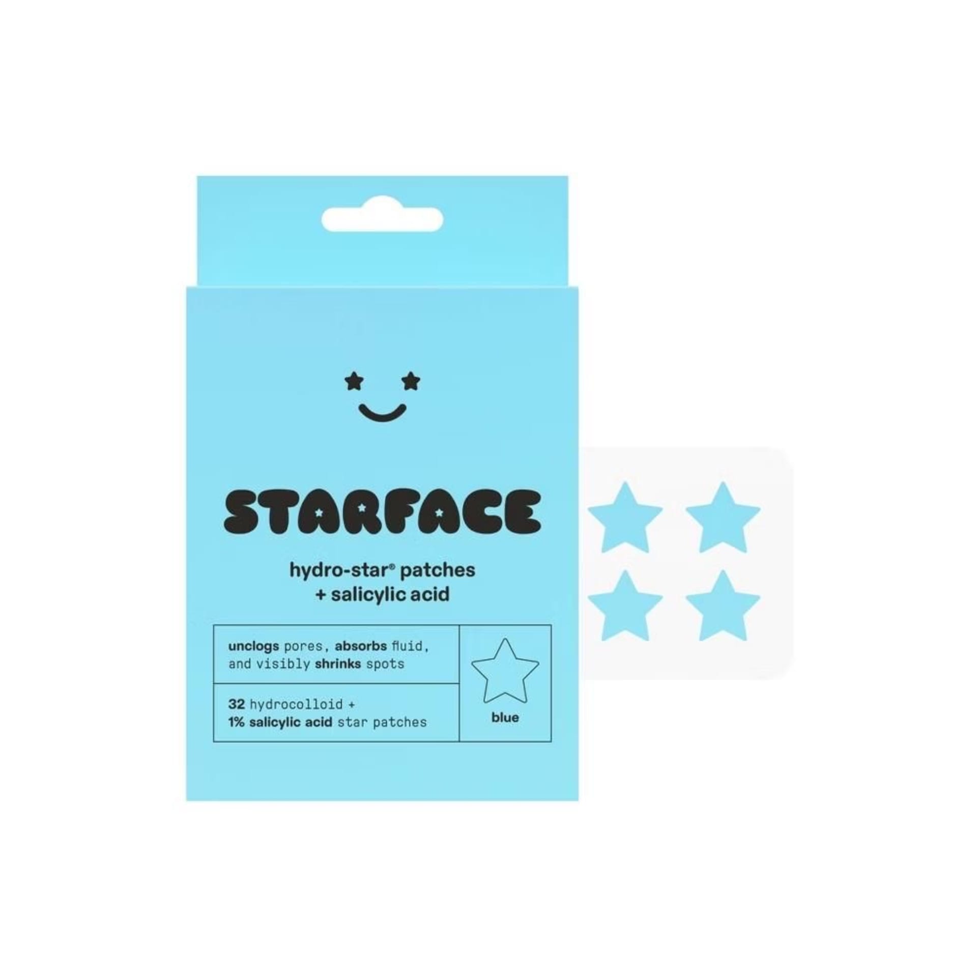 Starface Hydro-Star Patches + 1% Salicylic Acid – 32 Hydrocolloid Star Patches”blue🩵”