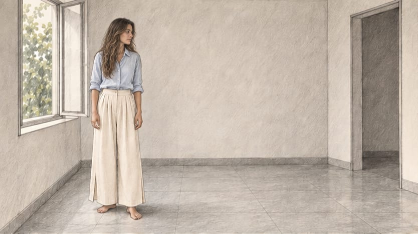 Coloured-pencil storyboard panel of the woman standing barefoot by the window of a plain room, a doorway on the right.