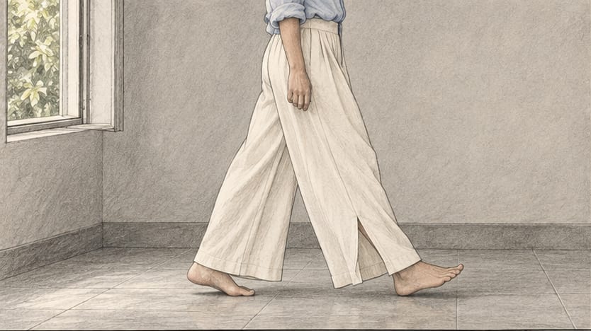 Coloured-pencil storyboard panel of the trousers mid-stride from the waist down, bare feet on a tiled floor.