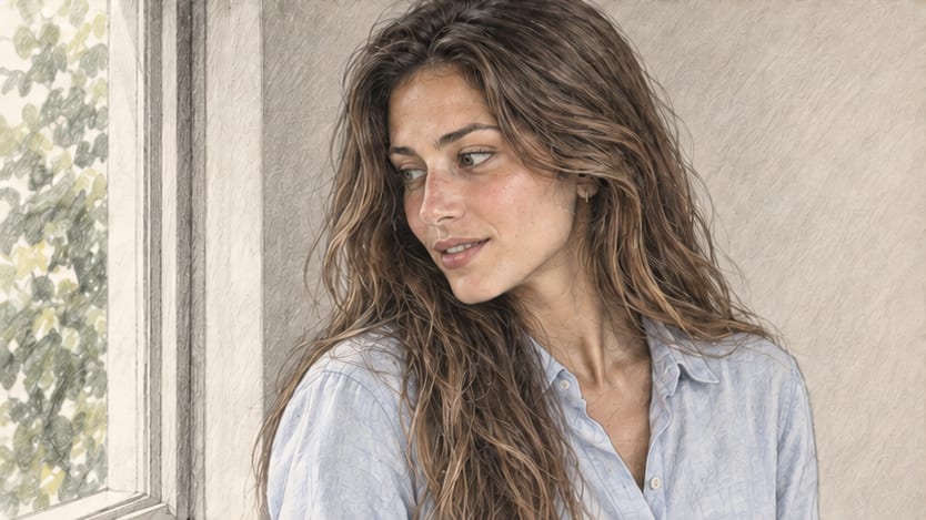 Coloured-pencil storyboard panel, a close-up of the woman glancing down toward the window with a small smile.