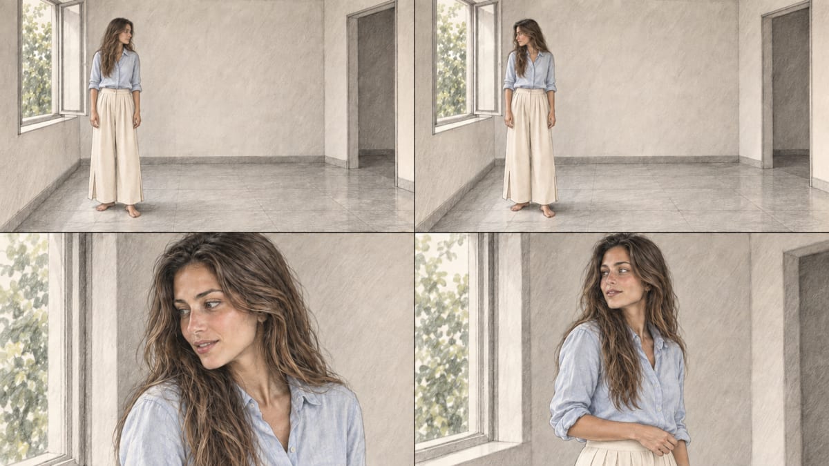 Storyboard page 1, four coloured-pencil panels: the woman by the window in two wide views, a close-up and a medium shot.