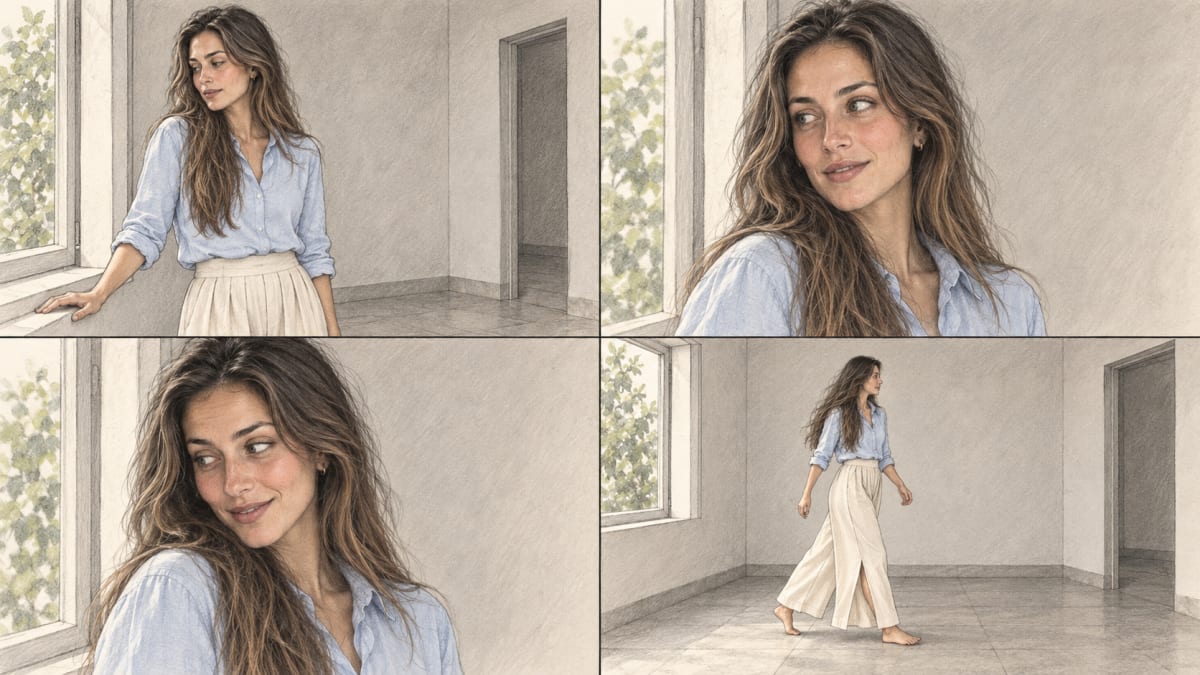 Storyboard page 2, four coloured-pencil panels: the woman leaning on the sill, two close-ups of her smiling, and a wide view of her walking.