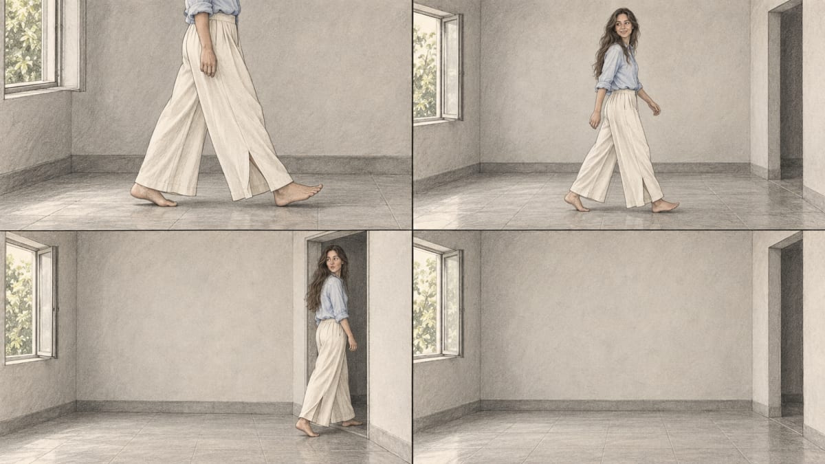 Storyboard page 3, four coloured-pencil panels: the trousers mid-stride, the woman walking and looking back, at the doorway, and the empty room.
