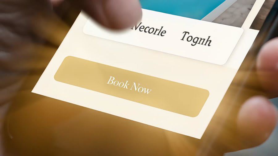 The phone screen in an earlier take, with invented app text and a “Book Now” button.