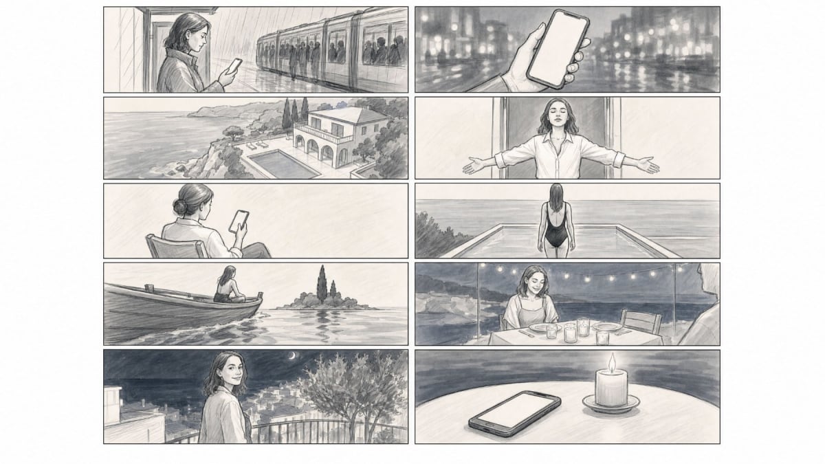 A clean pencil storyboard, its panels in shot order with no labels.