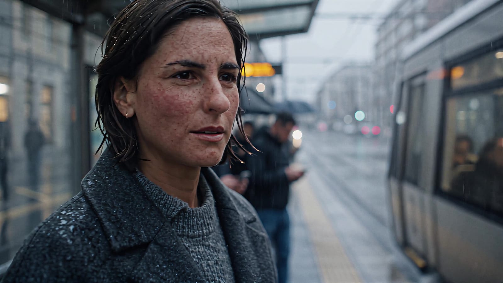 Close on Lena’s face in the rain at a tram stop.