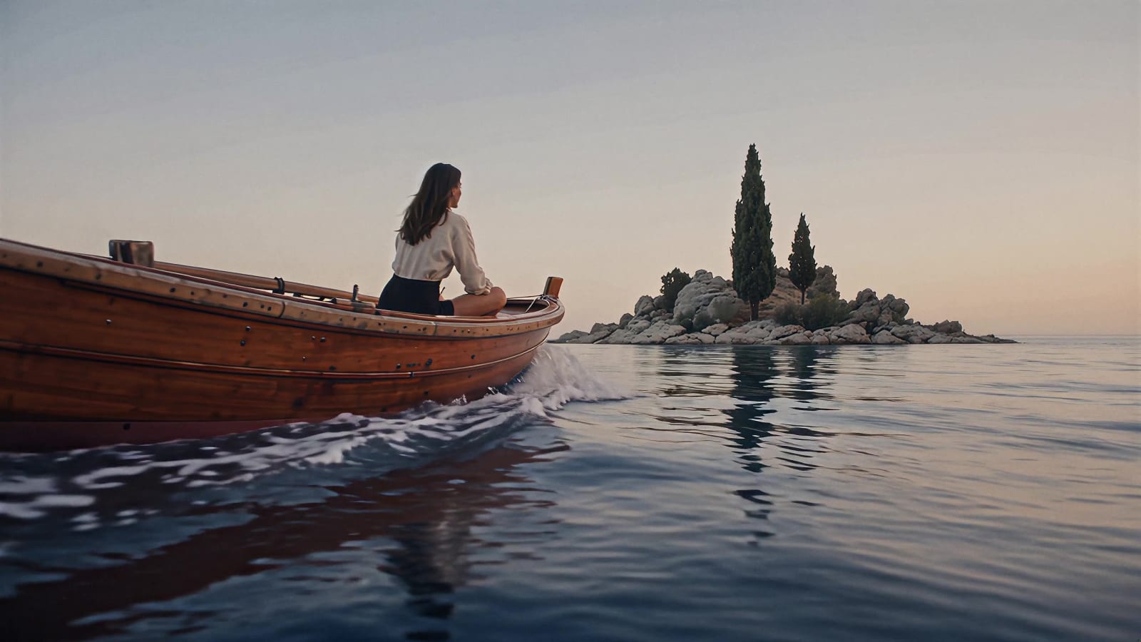 A small teak boat heading across the sea for an island with a cypress tree.