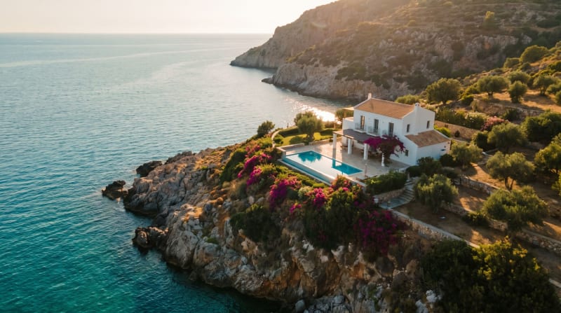 Look development for the villa: a white house on a cliff above the sea.