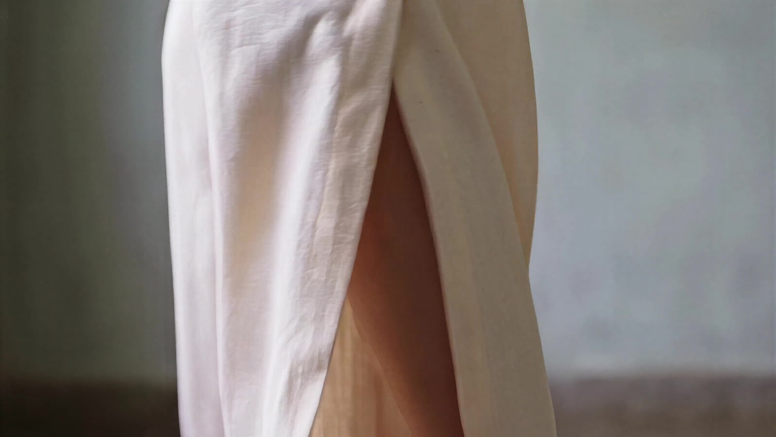 Close side view of the off-white trousers in motion, the side opening parting over her leg.