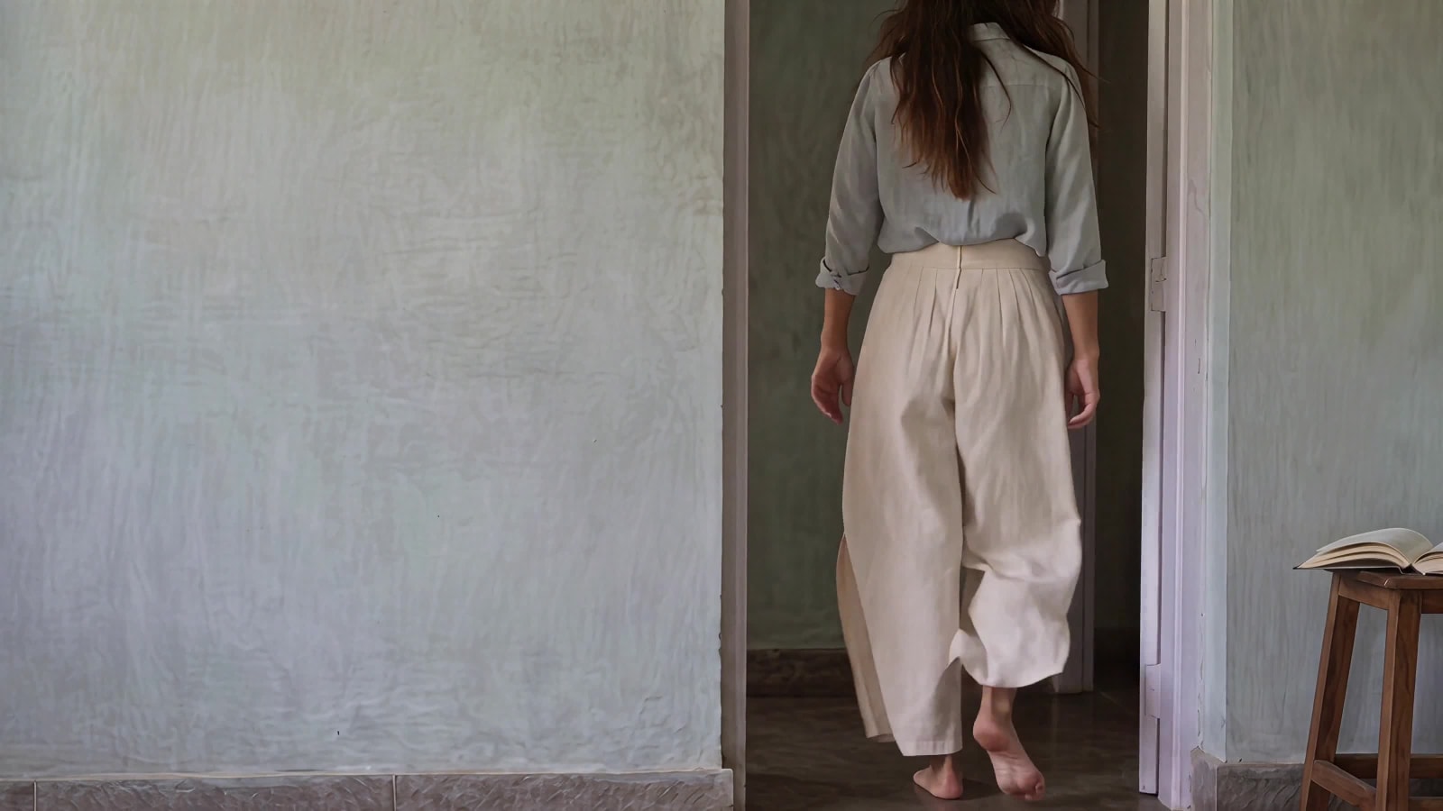 The woman seen from behind, walking barefoot through the doorway in a pale blue shirt and off-white trousers.