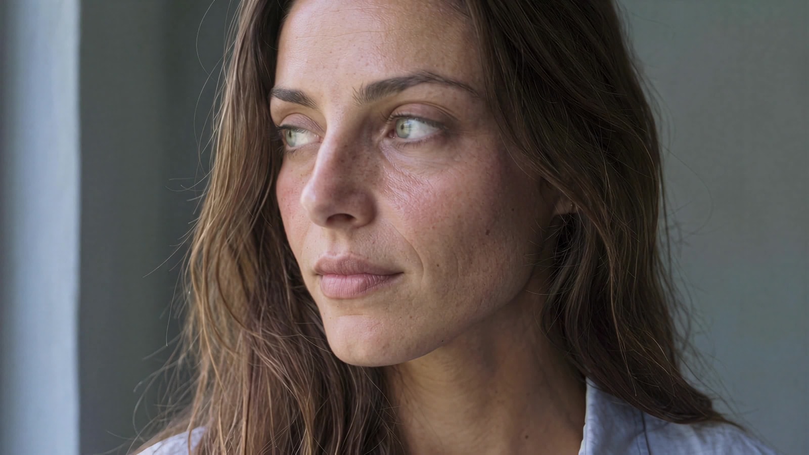 Close portrait of a woman with long chestnut hair and green eyes, looking off toward the window light.