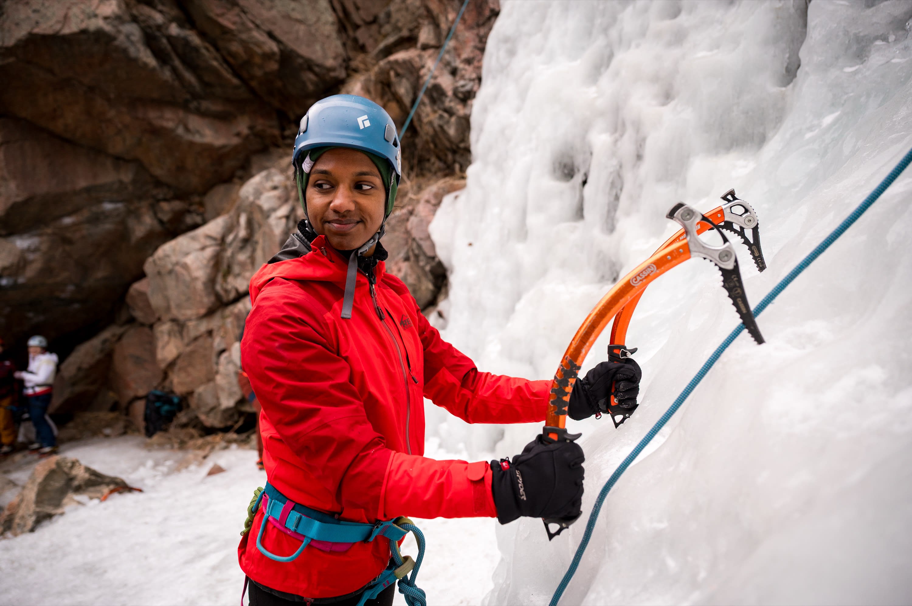 Cruxing in Color ice climbing event — ice climbing scene
