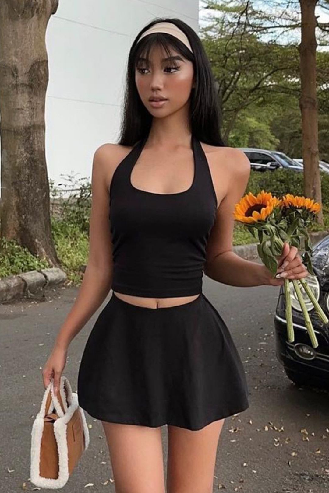 Solid Color Halter Neck Slim Top High Waist Short Skirt Suit