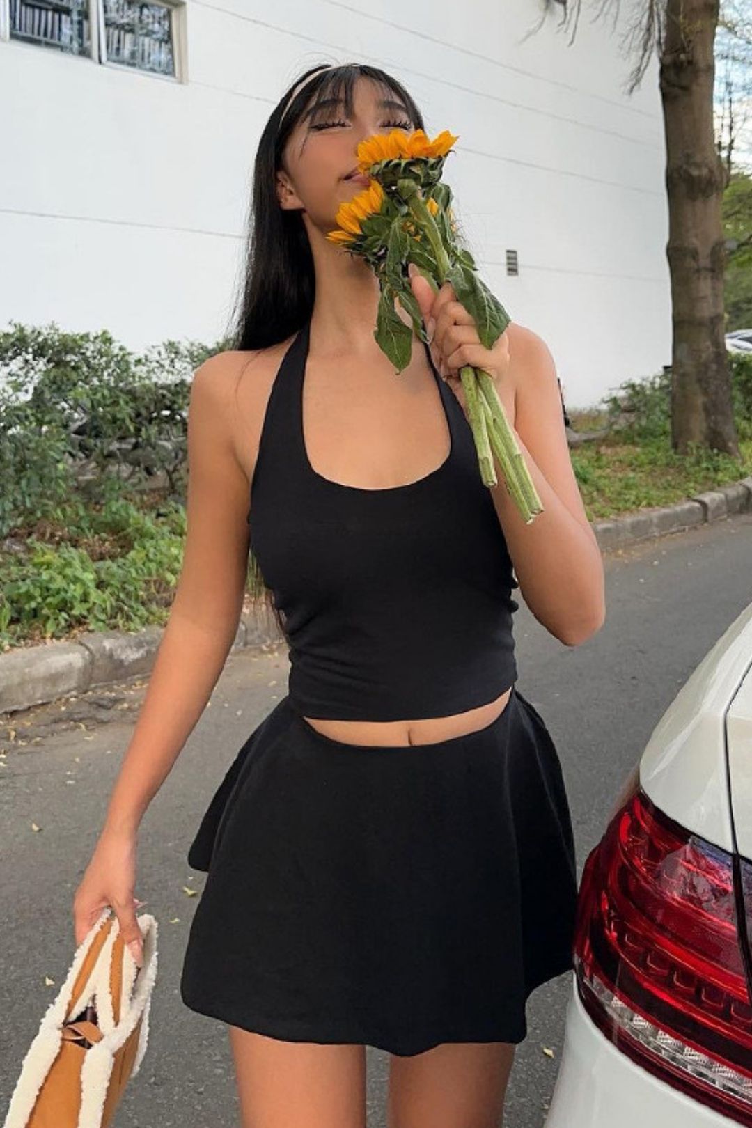 Solid Color Halter Neck Slim Top High Waist Short Skirt Suit