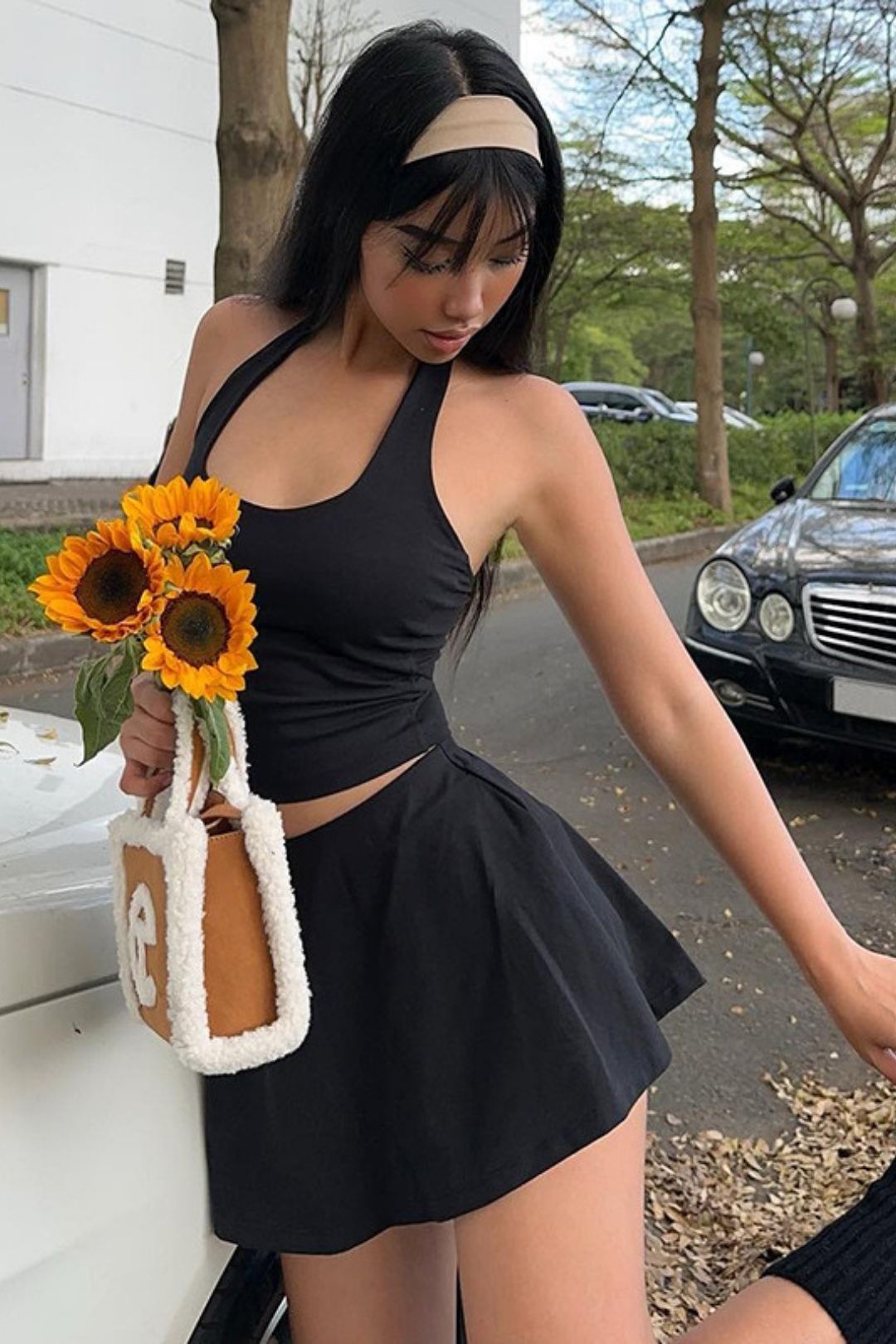 Solid Color Halter Neck Slim Top High Waist Short Skirt Suit