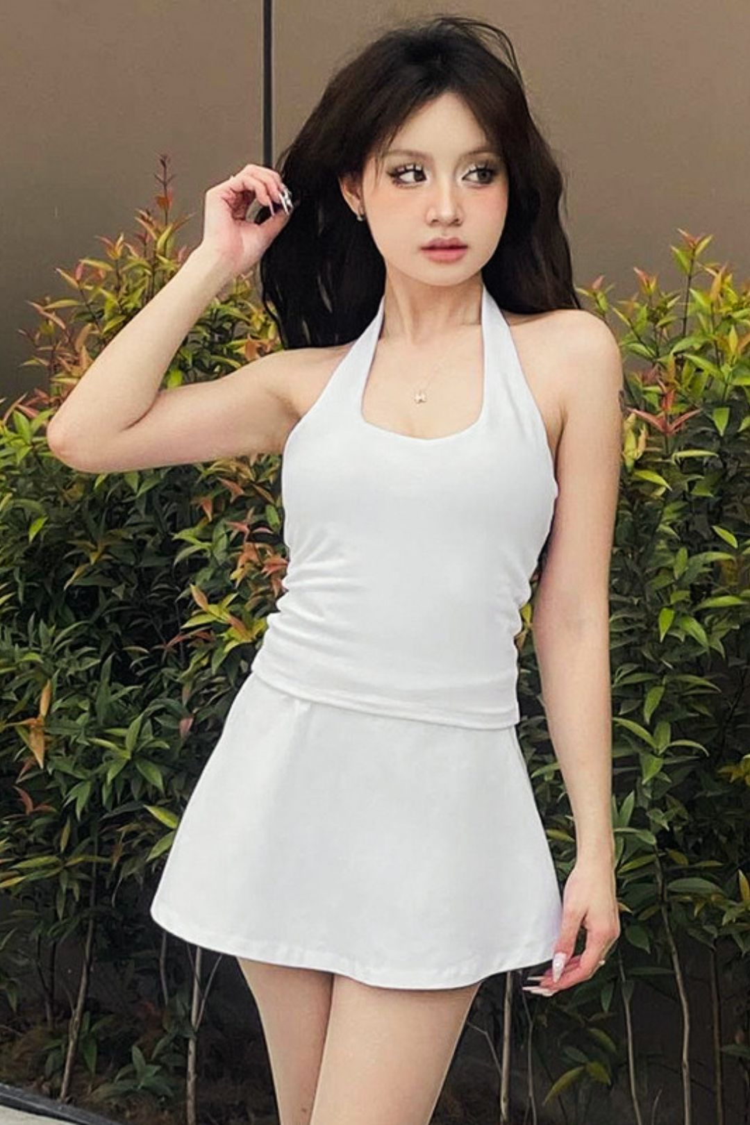 Solid Color Halter Neck Slim Top High Waist Short Skirt Suit