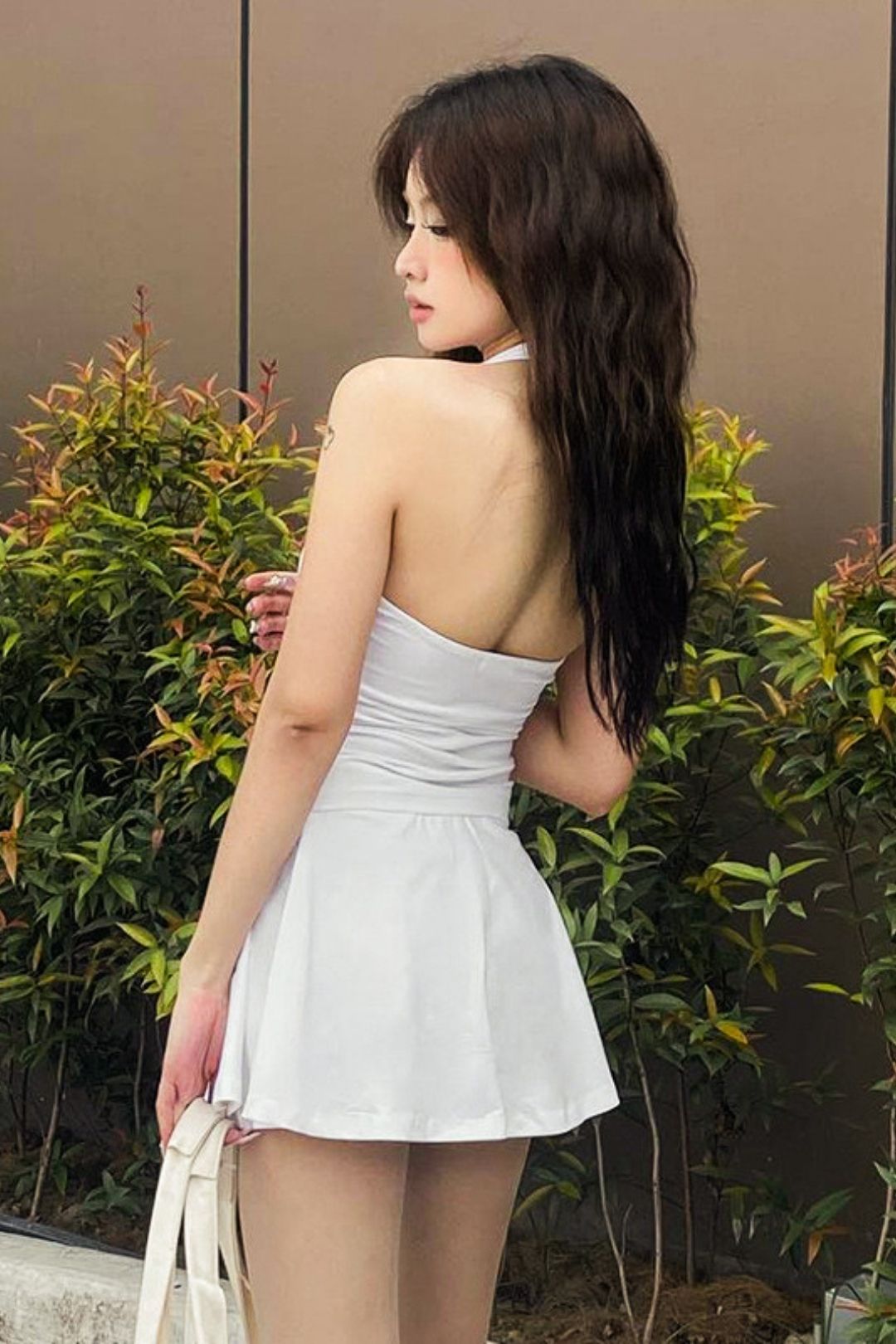 Solid Color Halter Neck Slim Top High Waist Short Skirt Suit