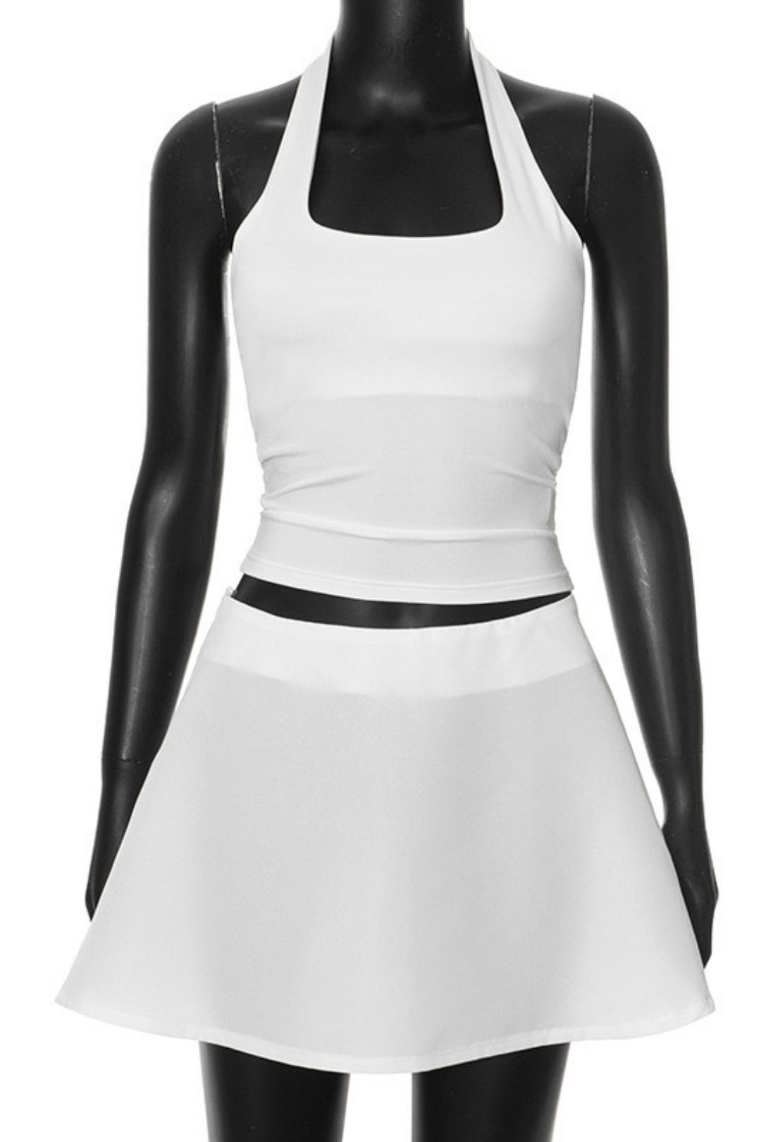 Solid Color Halter Neck Slim Top High Waist Short Skirt Suit