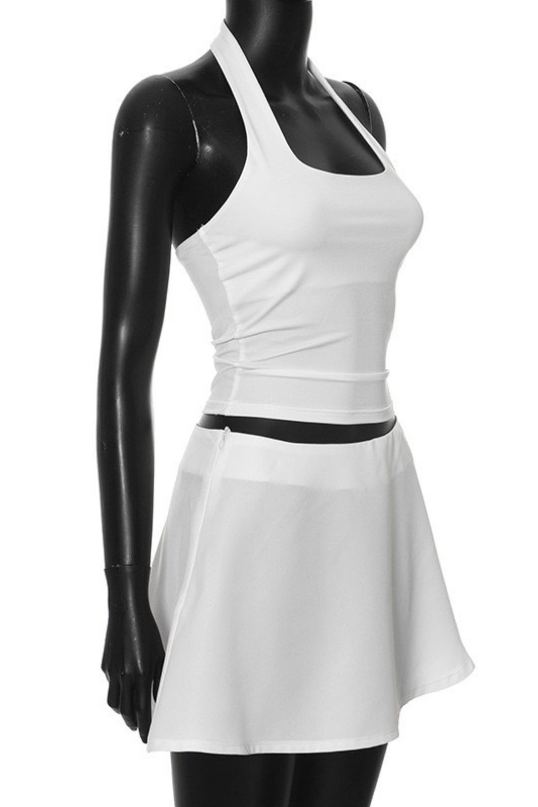 Solid Color Halter Neck Slim Top High Waist Short Skirt Suit