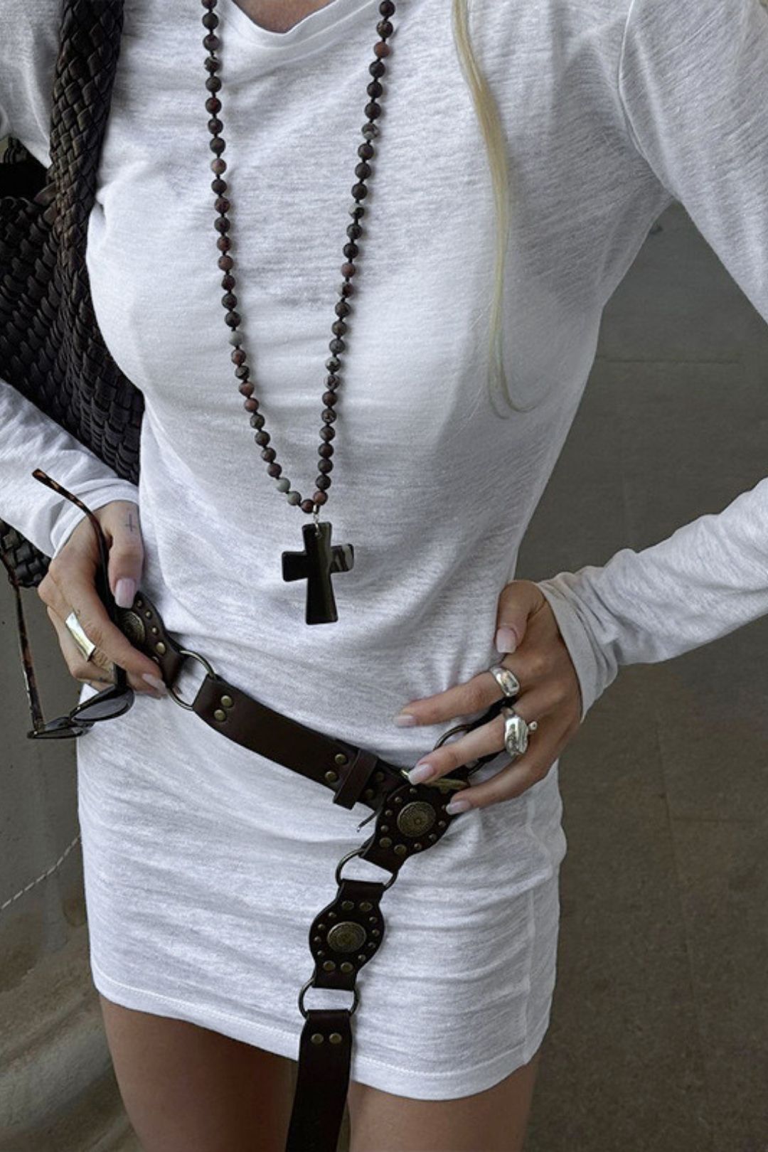 Solid Color Round Neck Versatile Casual High Waist Dress