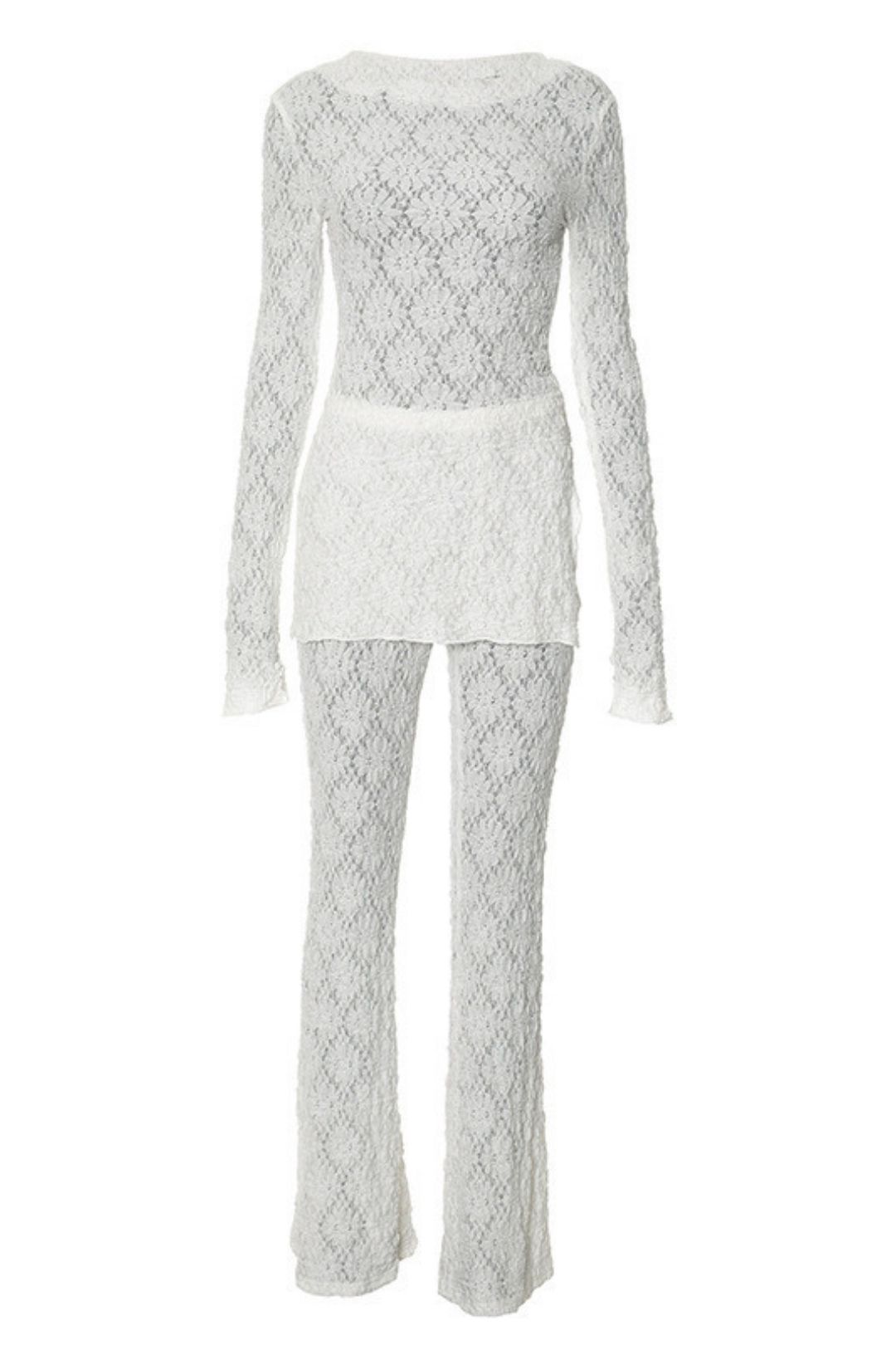 Round Neck Long-sleeved Tops High-waisted Trousers See-through Suit 