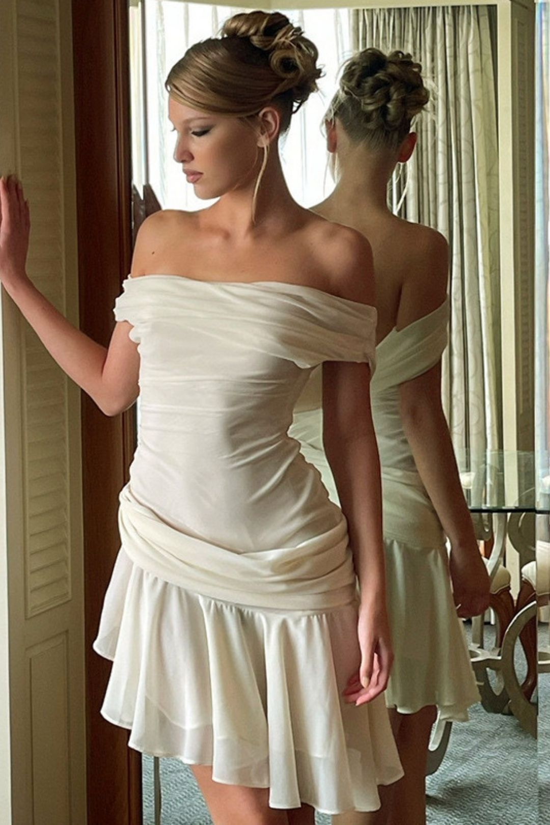 Summer Solid Color Oblique Shoulder Lace Stitching Backless Dress