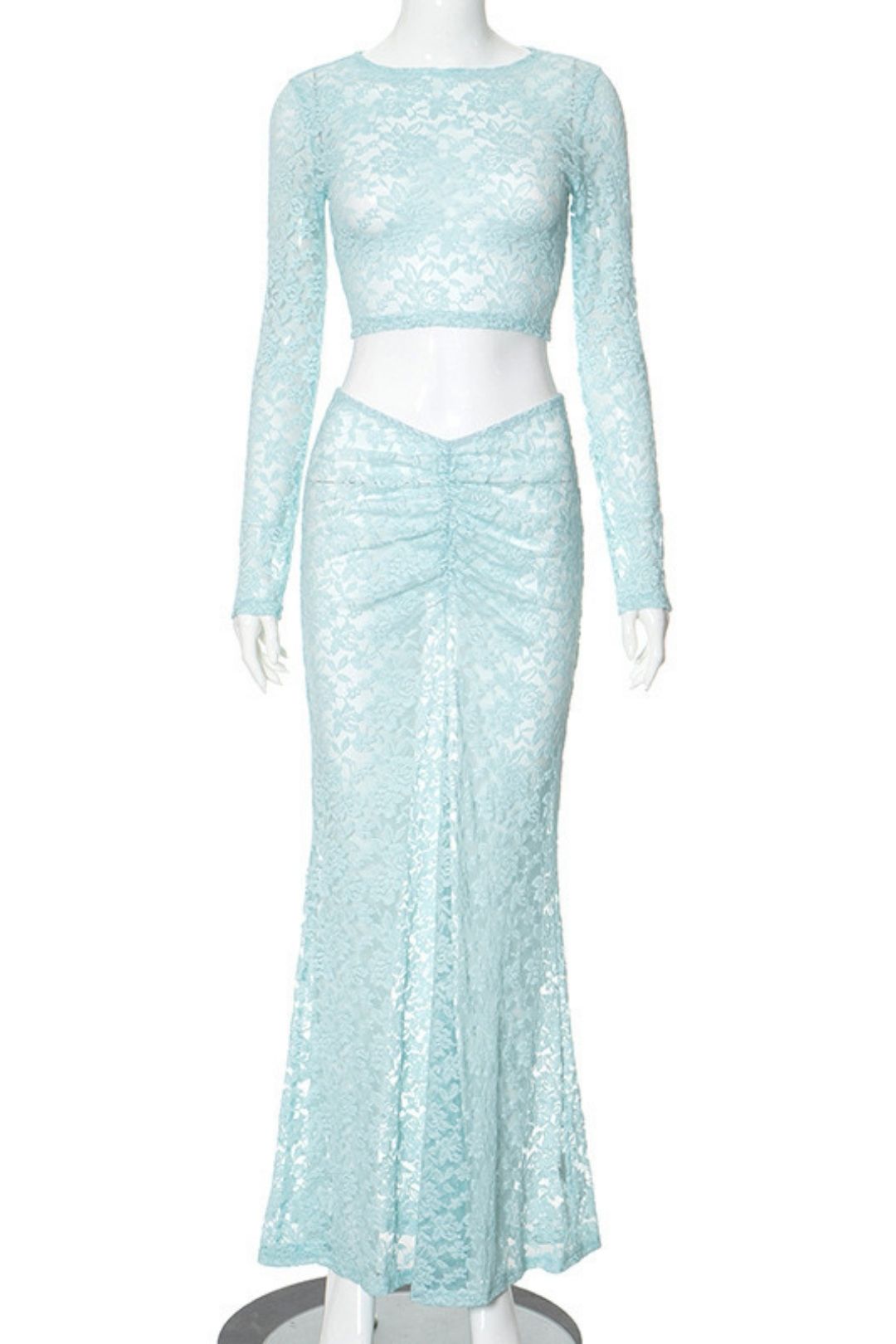 Long-sleeved Tops Low-waist Long Skirt See-through Lace Suit
