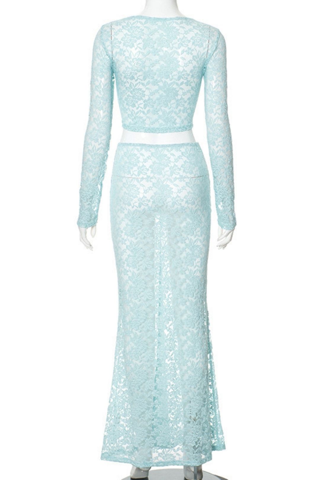 Long-sleeved Tops Low-waist Long Skirt See-through Lace Suit
