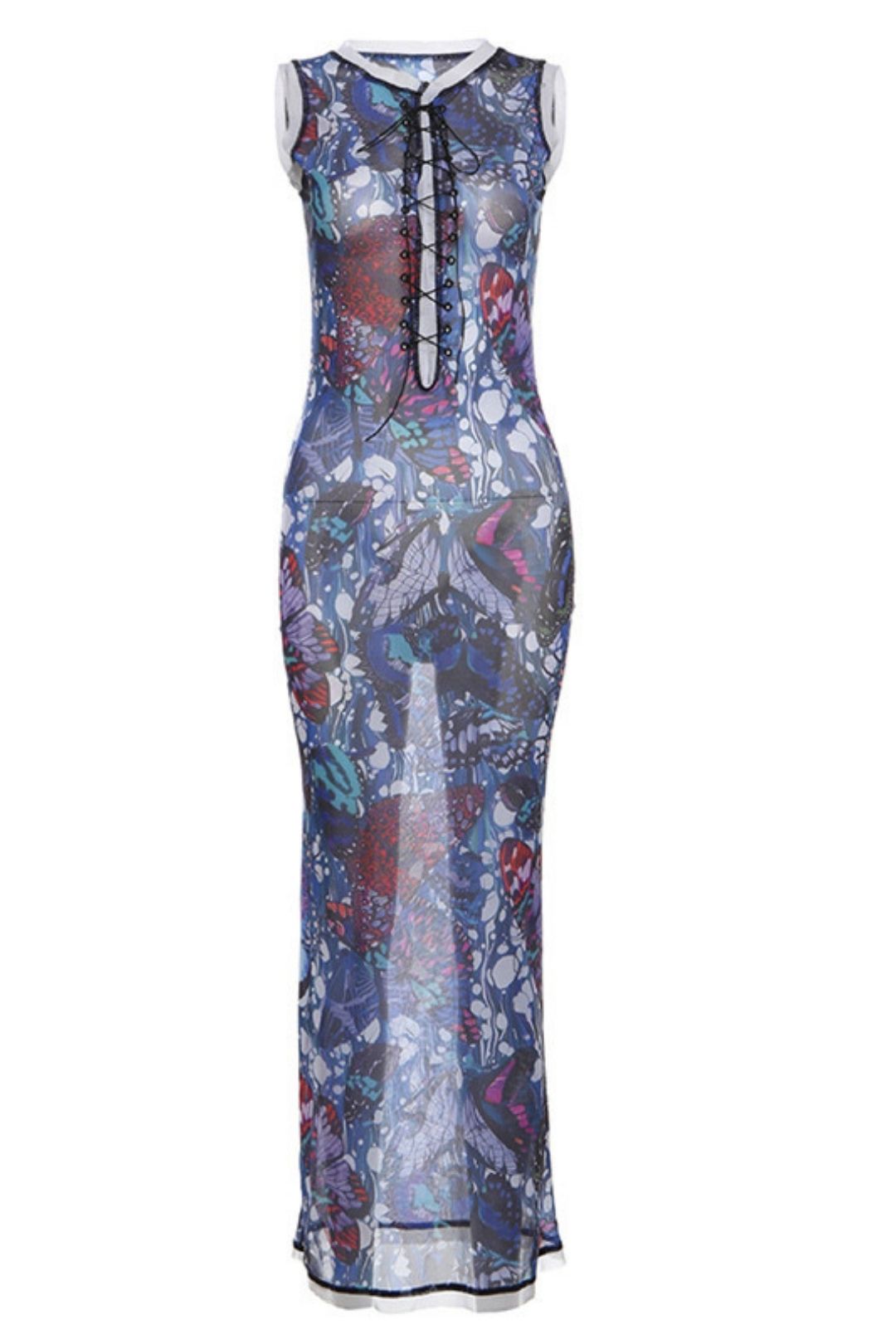 Contrasting Printed See-through Mesh Sexy Dress