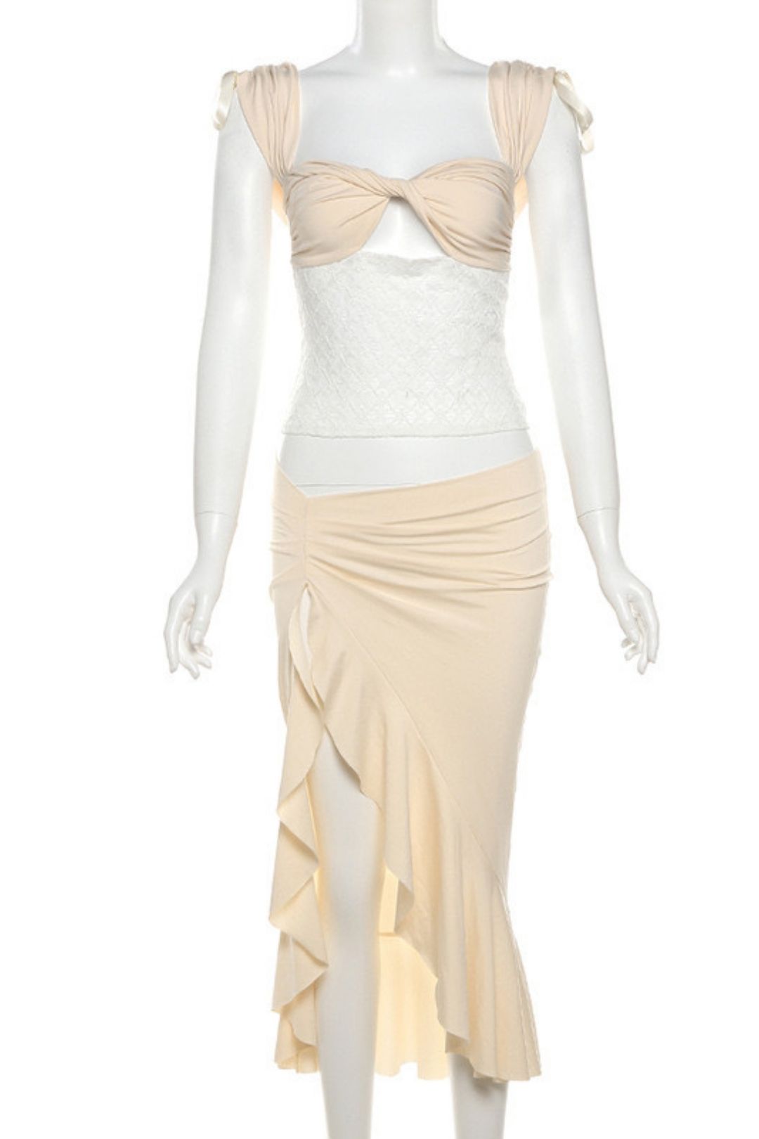 Summer Temperament Lace One-line Collar Camisole Hip-covering High Slit Skirt Suit