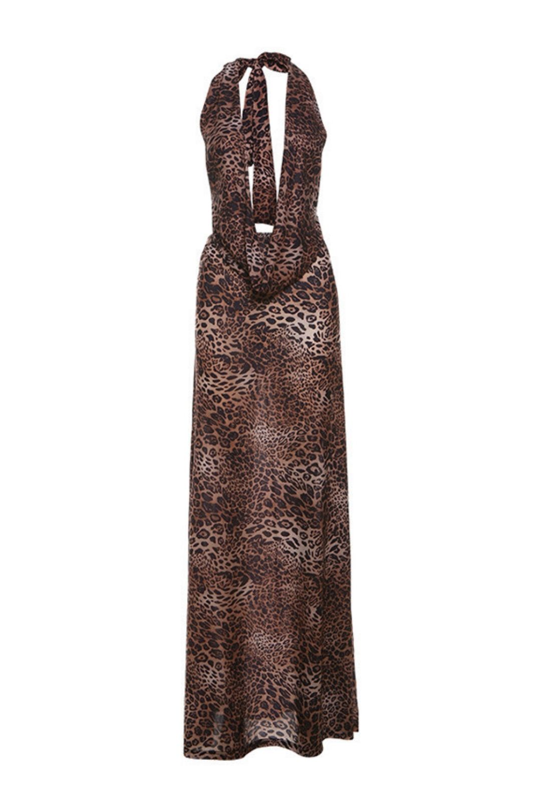 Sexy Deep V-neck Straps Halterneck Suspenders Hip Leopard Print Skirt Suit