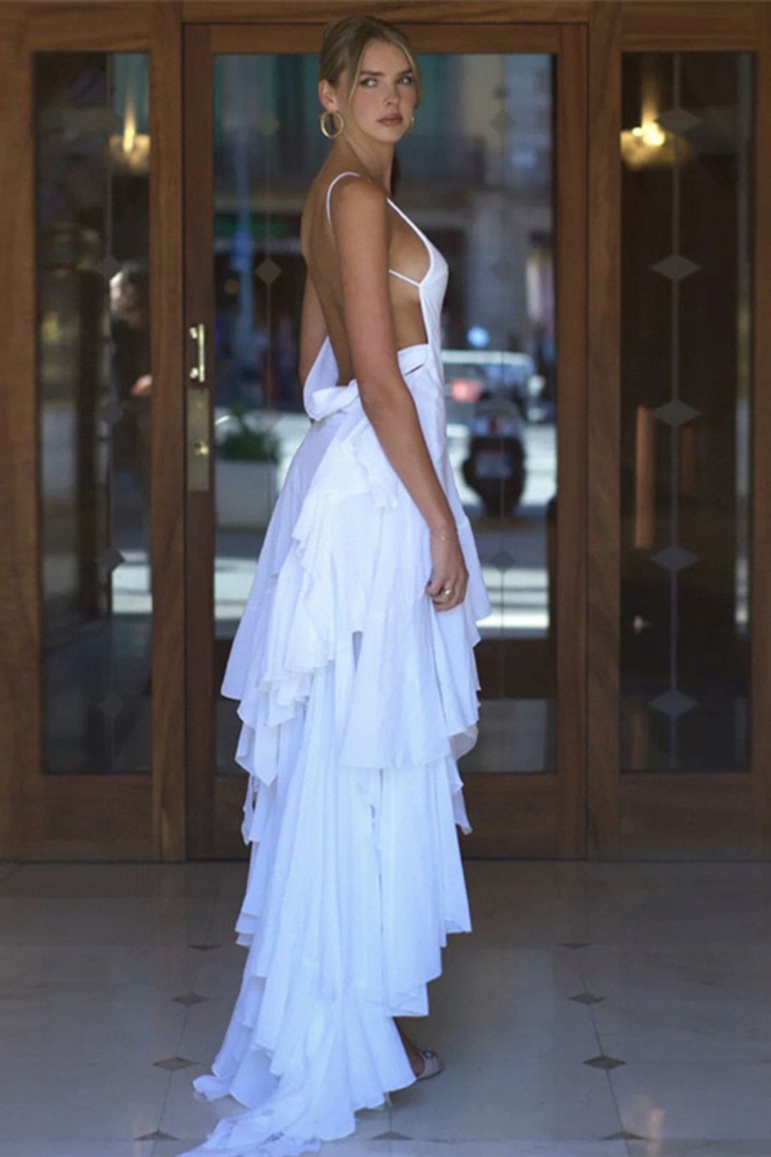 V-neck Backless Solid Color Irregular Mesh Suspender Dress