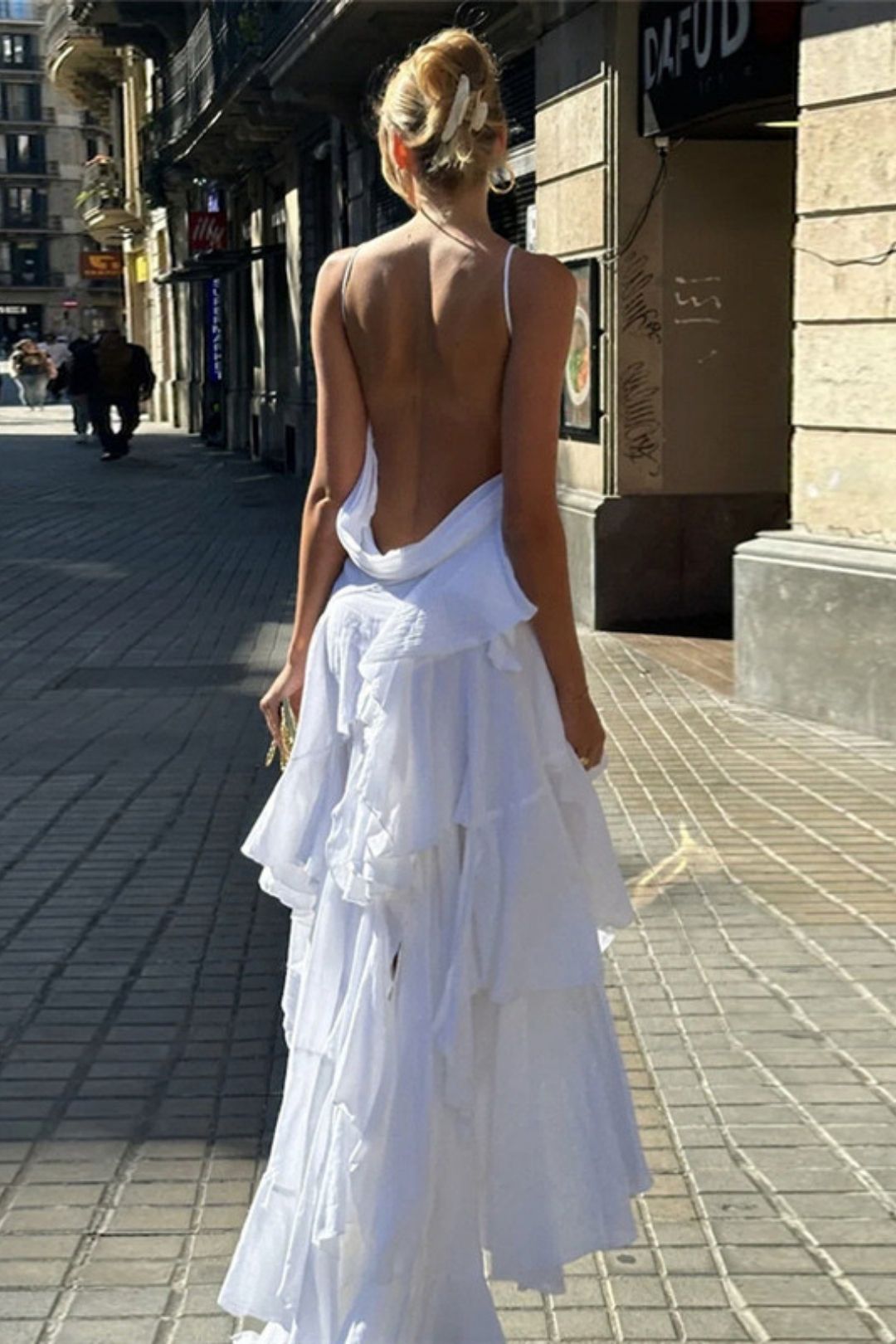 V-neck Backless Solid Color Irregular Mesh Suspender Dress