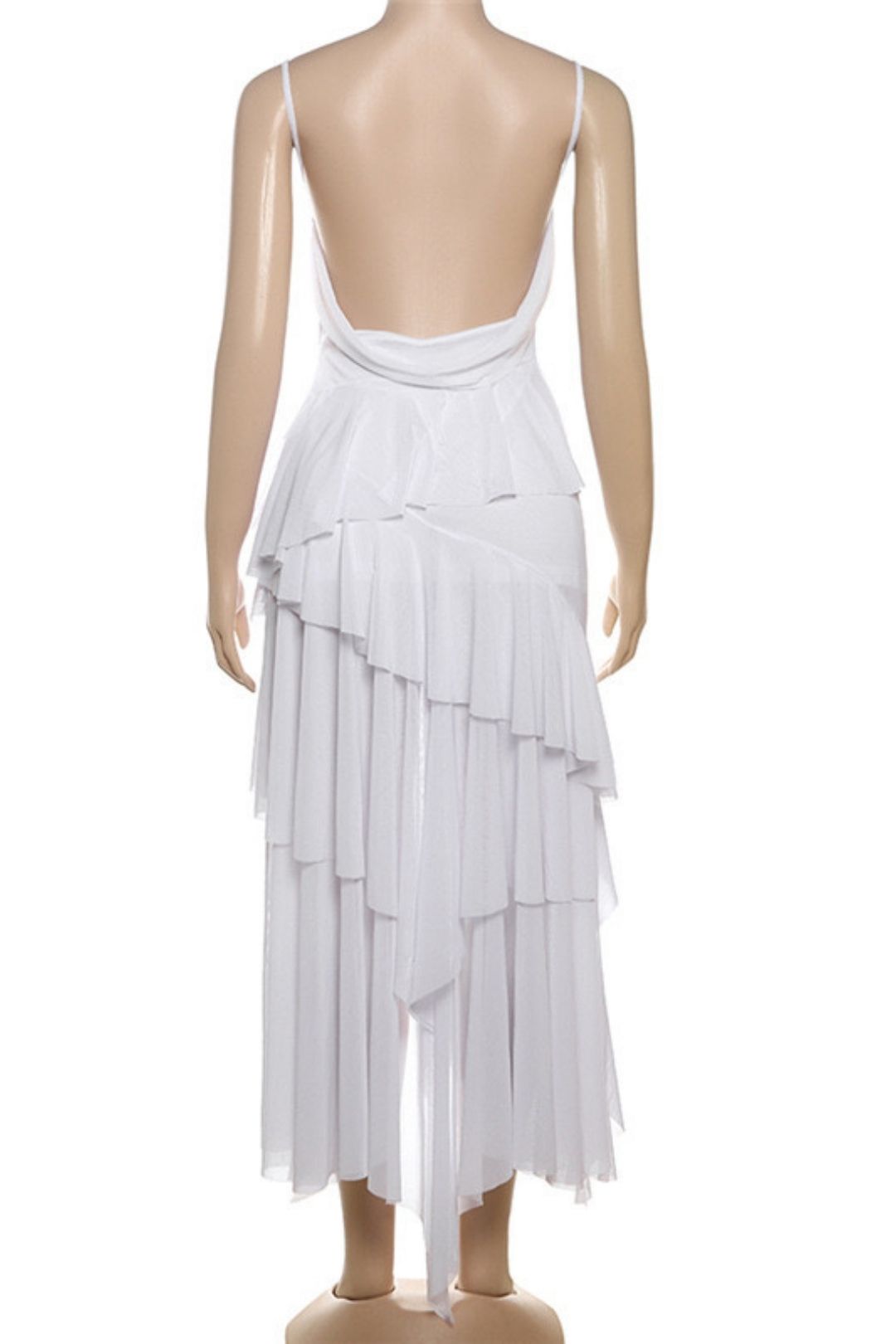 V-neck Backless Solid Color Irregular Mesh Suspender Dress