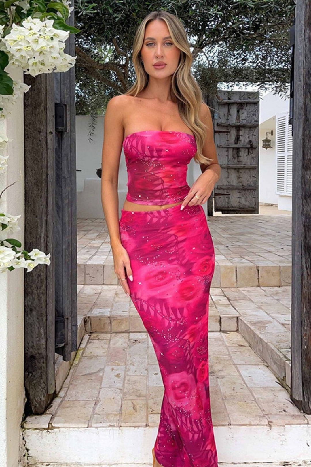 Slim Tube Top Printed Vest Sexy Hip-covering Skirt Two-piece Set