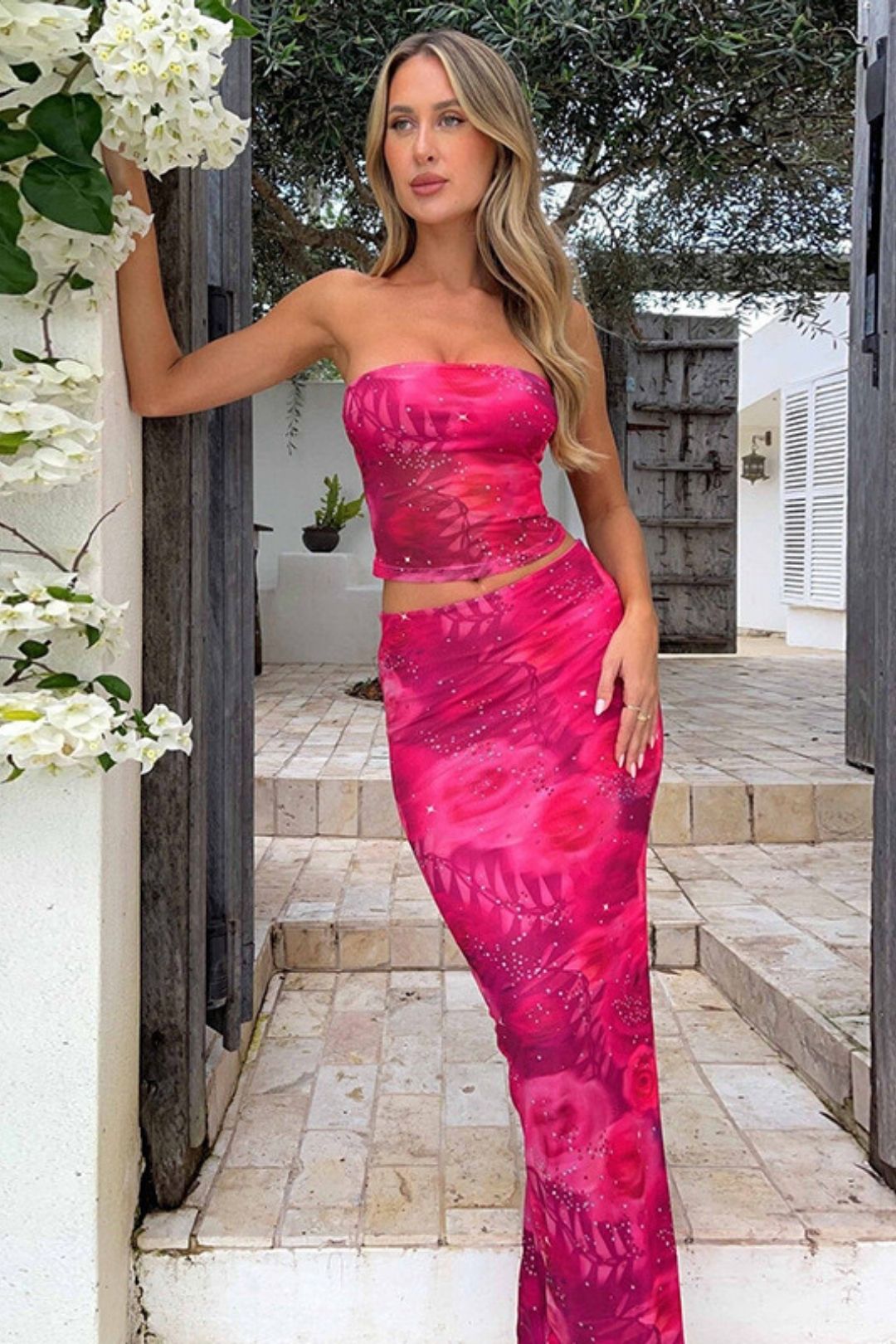 Slim Tube Top Printed Vest Sexy Hip-covering Skirt Two-piece Set