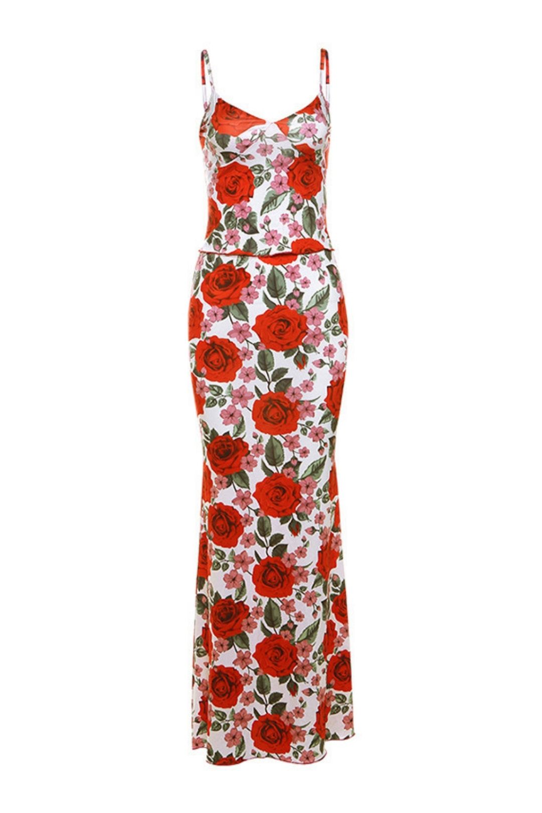 V-neck Camisole High Waist Floral Long Skirt Two-piece Set