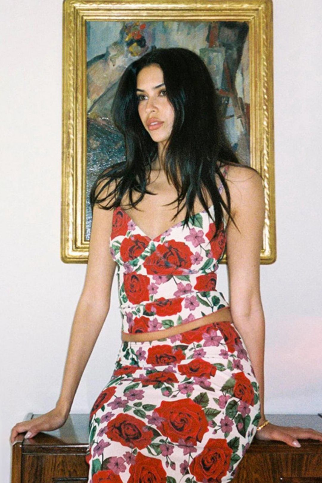 V-neck Camisole High Waist Floral Long Skirt Two-piece Set