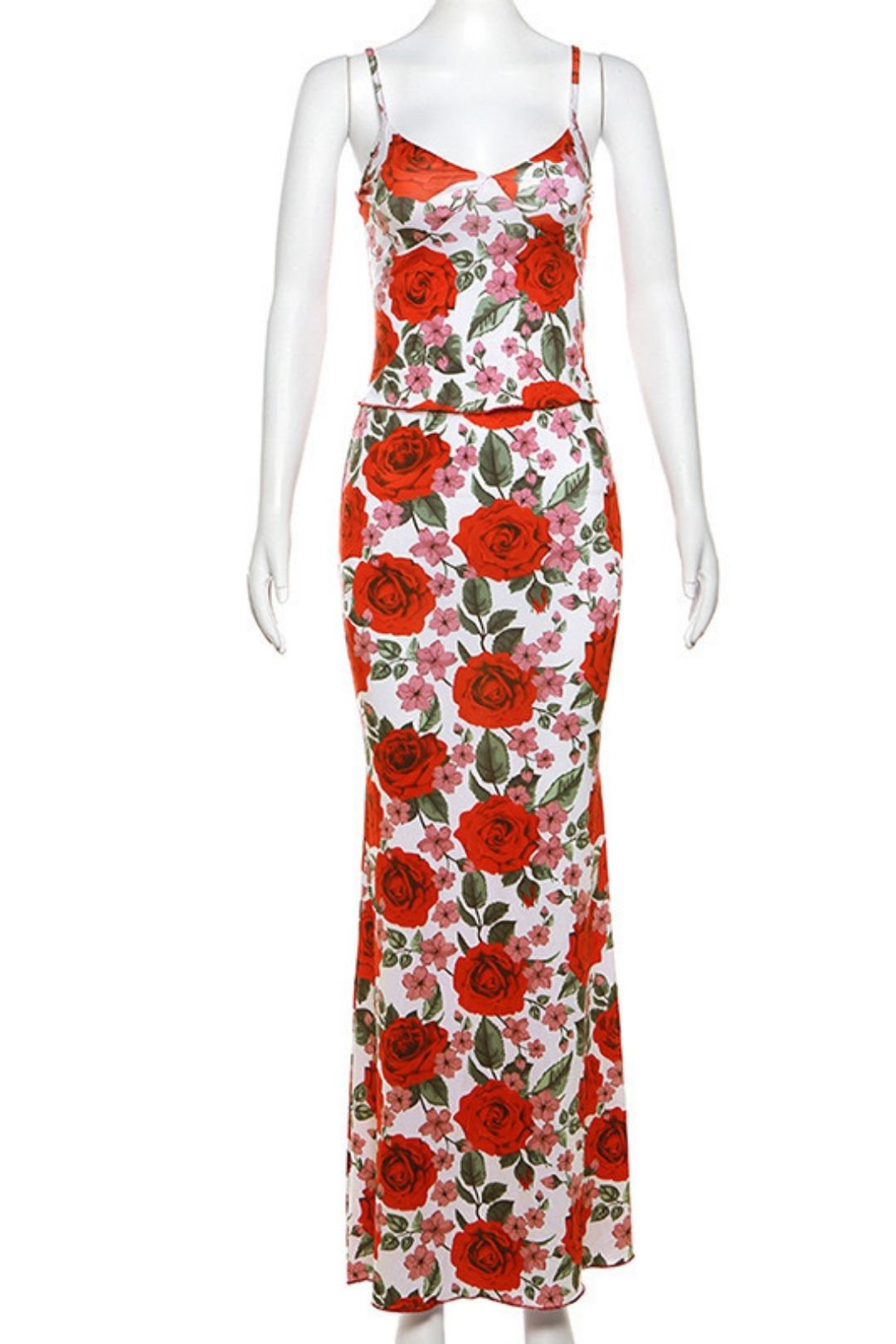 V-neck Camisole High Waist Floral Long Skirt Two-piece Set