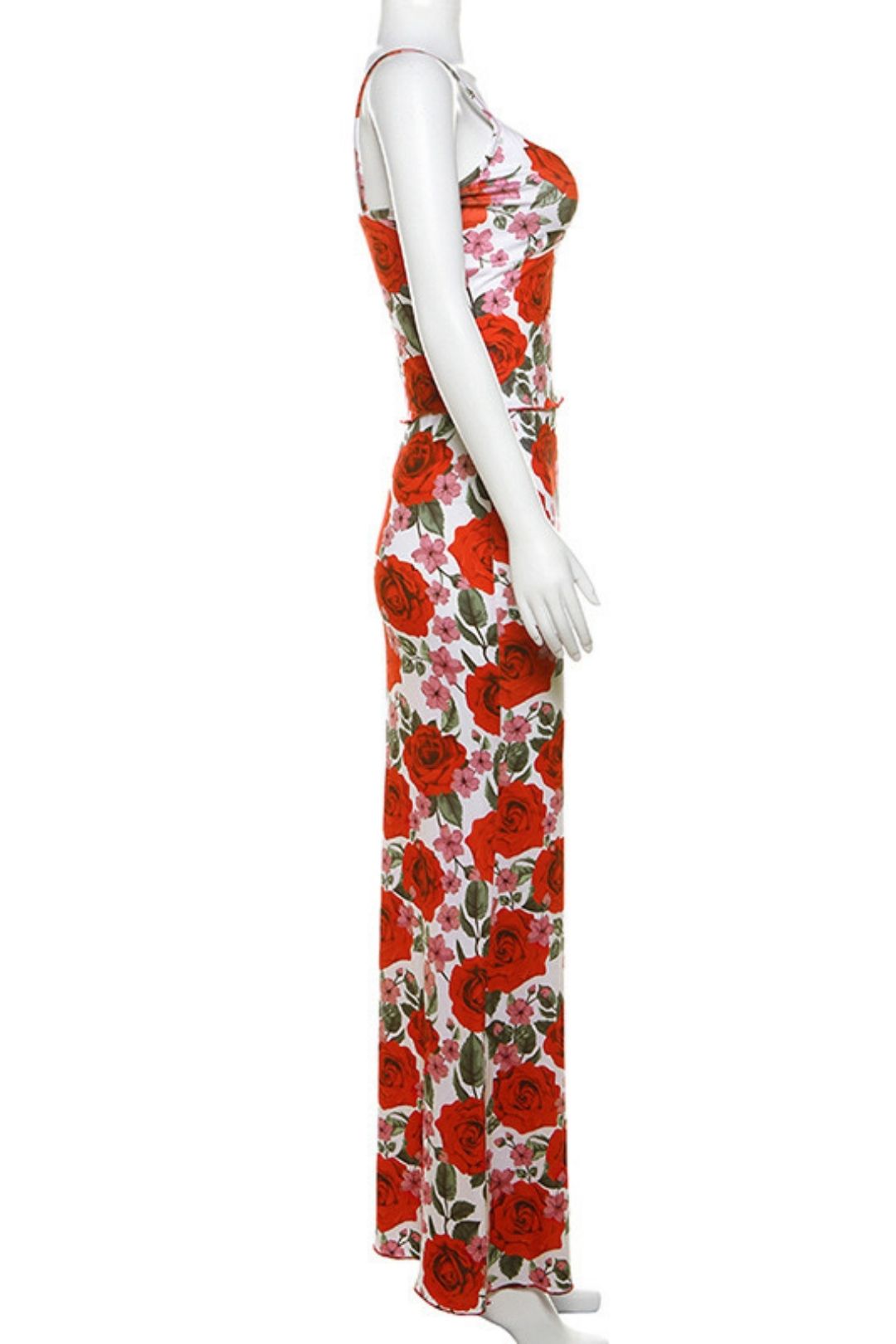 V-neck Camisole High Waist Floral Long Skirt Two-piece Set